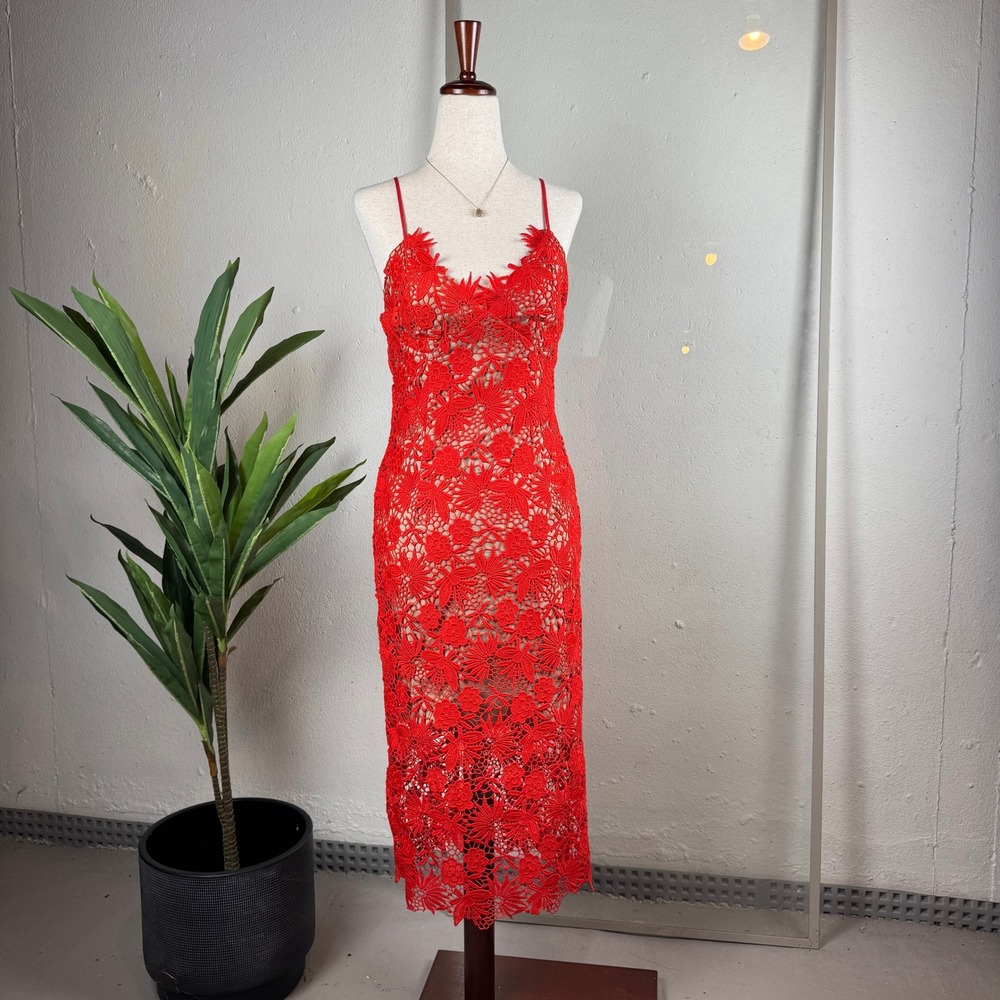 Romantic Siren Wedding Guest Bardot Red Lace Floral Midi Dress Women Size 6